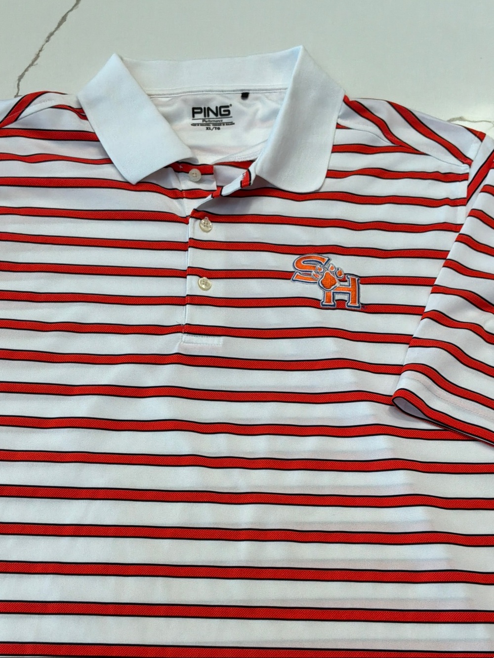 Sam Houston University College PING Men’s White Polo XL Red & Black Stripes Golf